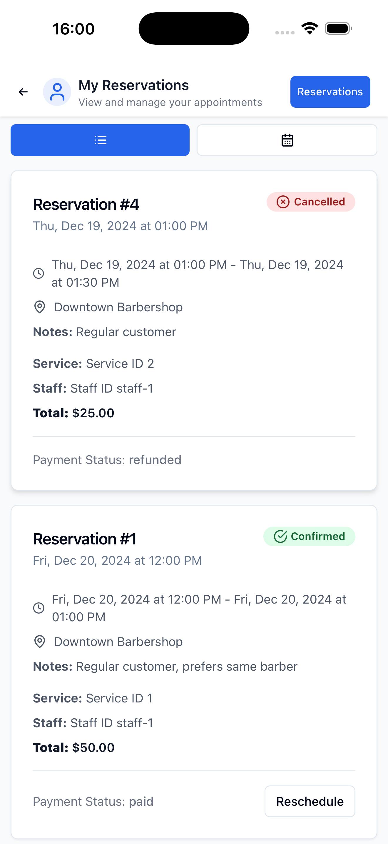 Card-style booking board